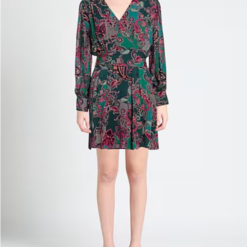 SUNCOO Green and Pink Sheath Dress with Bishop Sleeves
